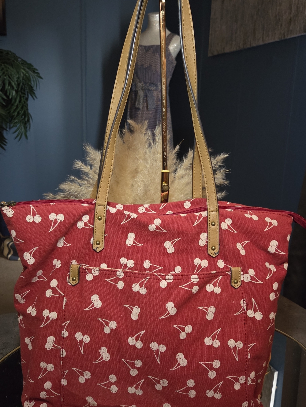 Sonoma Cherry Print Canvas Tote Bag Red Cream Large Everyday Shoulder Tote - Picture 13 of 15